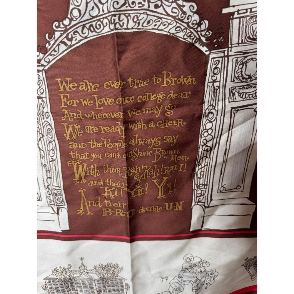 Vintage Brown University Silk Scarf Ivy League Collegiate Crest Brown Red White